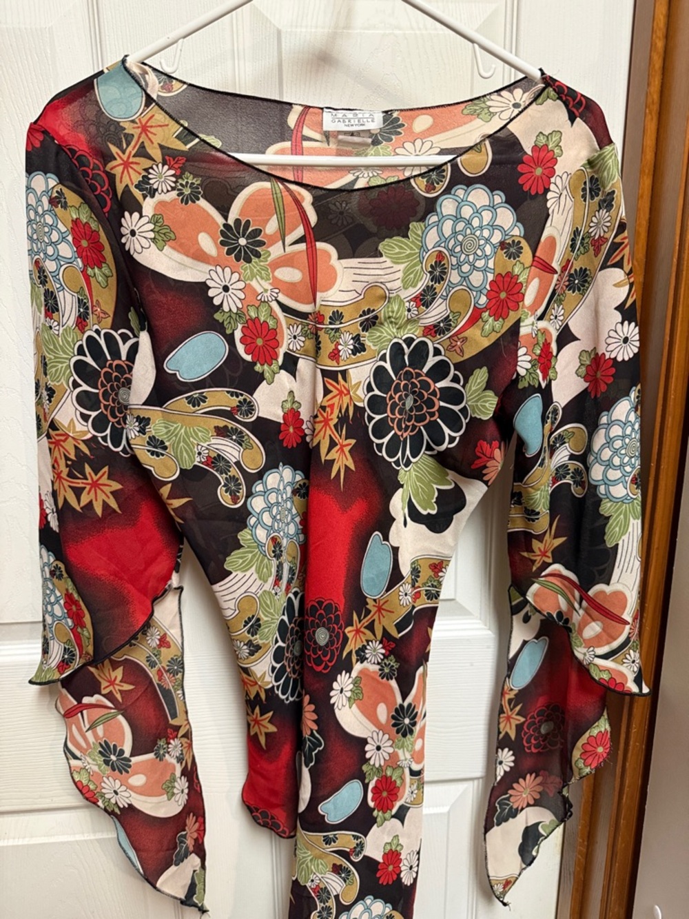 Women's Floral Pattern Draped Blouse in Black and Red